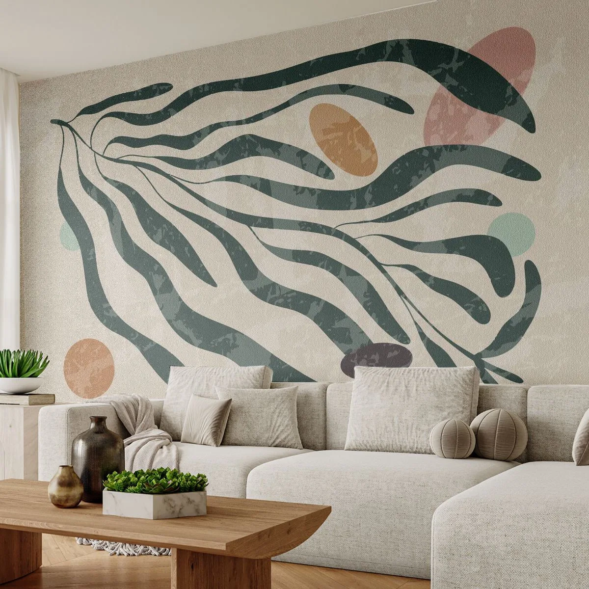 Fototapete Premium Sand - Organische grüne Formen mit farbigen Akzenten - 100x70cm - Im Grünen - Moderne Wanddekoration für Wohnzimmer und Schlafzimmer ARTTOR
