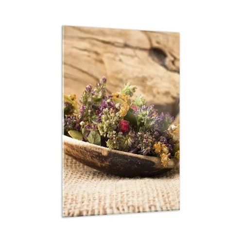 Glasbild - Bild auf glas - Getrocknete Kräuter in einem Holzlöffel auf natürlichem Holzhintergrund - 80x120cm - Bunte Blumen und duftende Kräuter - Moderne Wanddekoration für Wohnzimmer und Schlafzimmer ARTTOR