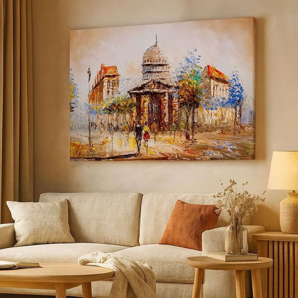 Bild auf Leinwand - Leinwandbild - Impressionistische Stadtszene mit historischem Gebäude - 70x50cm - Pariser Spaziergang - Moderne Wanddekoration für Wohnzimmer und Schlafzimmer ARTTOR