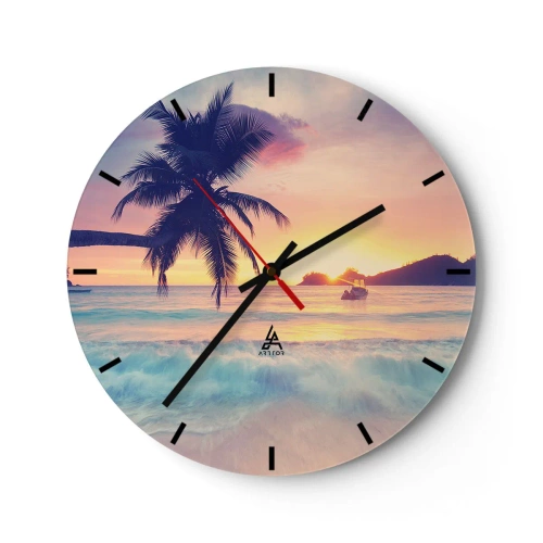 Wanduhr - Glasuhr - Tropischer Strand mit Palmen bei Sonnenuntergang - 30x30cm - Ein Abend in der Bucht - Moderne Wanddekoration für Wohnzimmer, Küche und Schlafzimmer ARTTOR