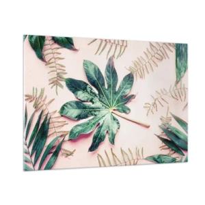 Glasbild - Bild auf glas - Tropische Blätter auf pastellfarbenem Hintergrund - 100x70cm - Eine Studie von Grün auf einem rosa Hintergrund - Moderne Wanddekoration für Wohnzimmer und Schlafzimmer ARTTOR