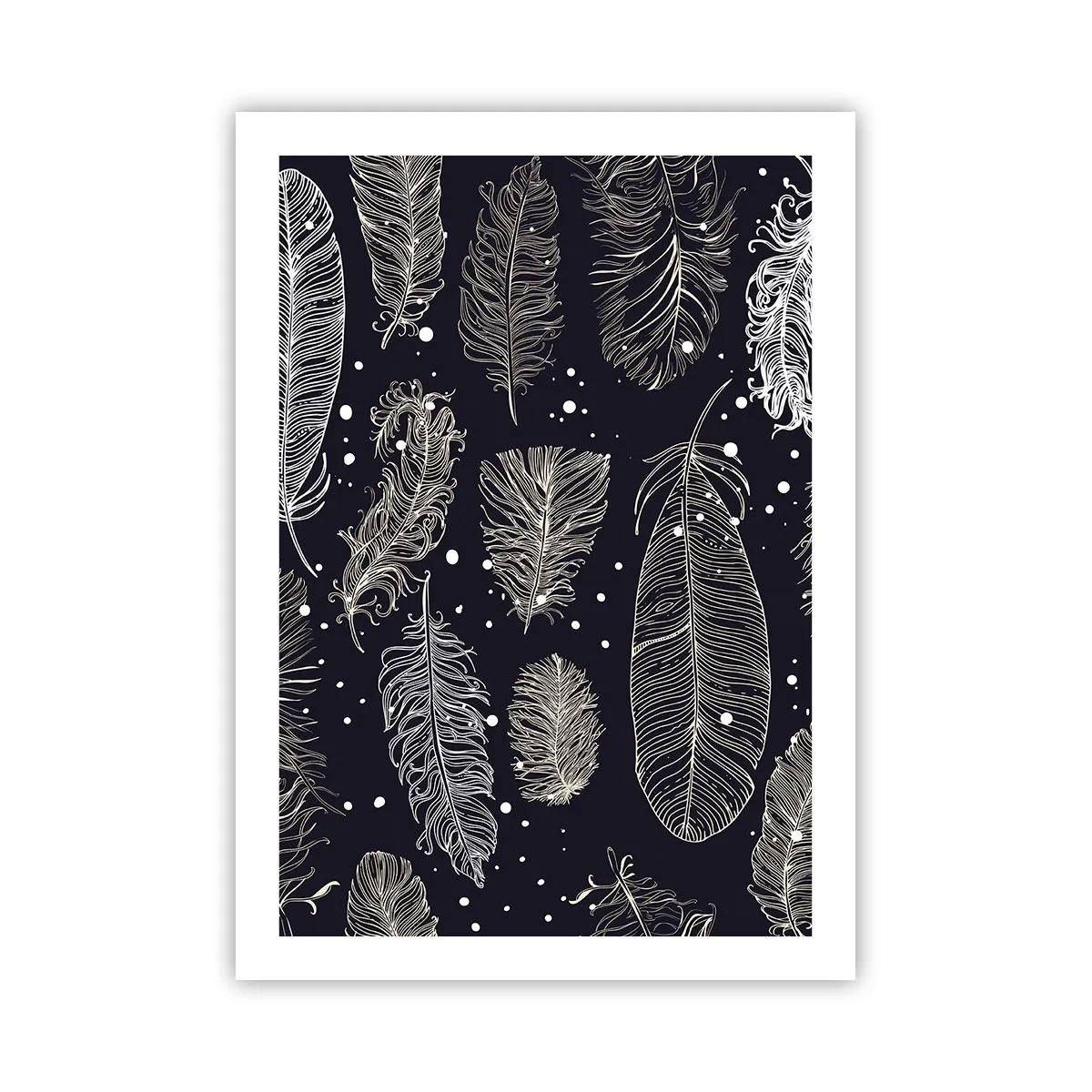 Poster - Weiße Federn auf schwarzem Hintergrund in elegantem Arrangement - 50x70cm - Gefiederte Spitze - Moderne Wanddekoration für Wohnzimmer und Schlafzimmer ARTTOR