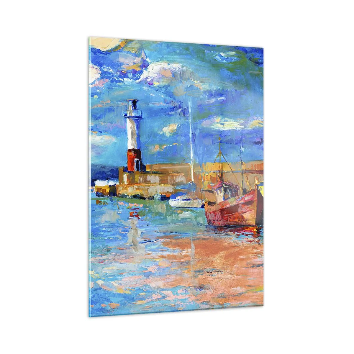 Glasbild - Bild auf glas - Rainbow Bay mit Leuchtturm und bunten Booten im Hafen - 50x70cm - Ein Nachmittag in der Regenbogenbucht - Moderne Wanddekoration für Wohnzimmer und Schlafzimmer ARTTOR