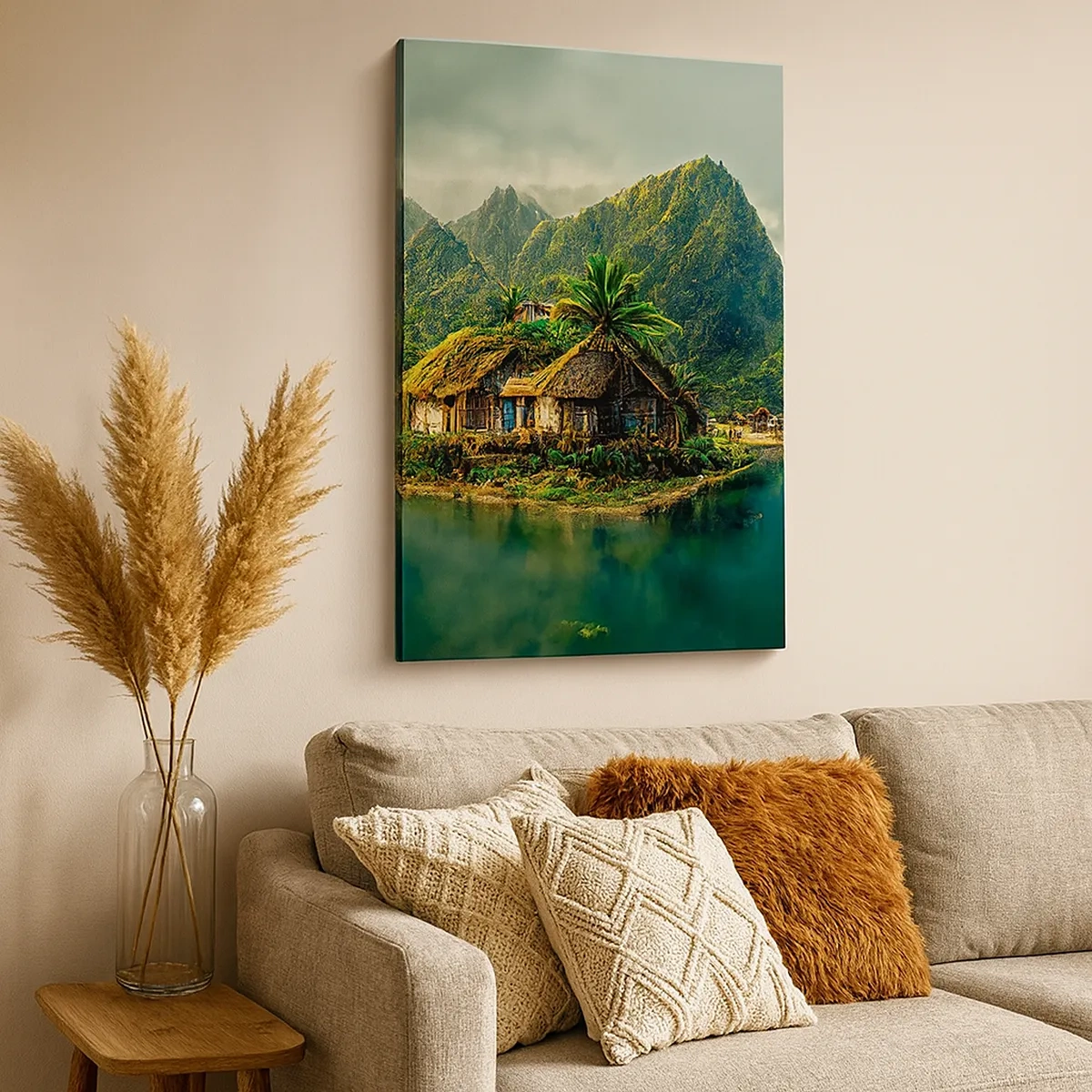 Bild auf Leinwand - Leinwandbild - Eine tropische Insel mit Palmen und Bergen im Hintergrund - 50x70cm - Tropisches Paradies - Moderne Wanddekoration für Wohnzimmer und Schlafzimmer ARTTOR