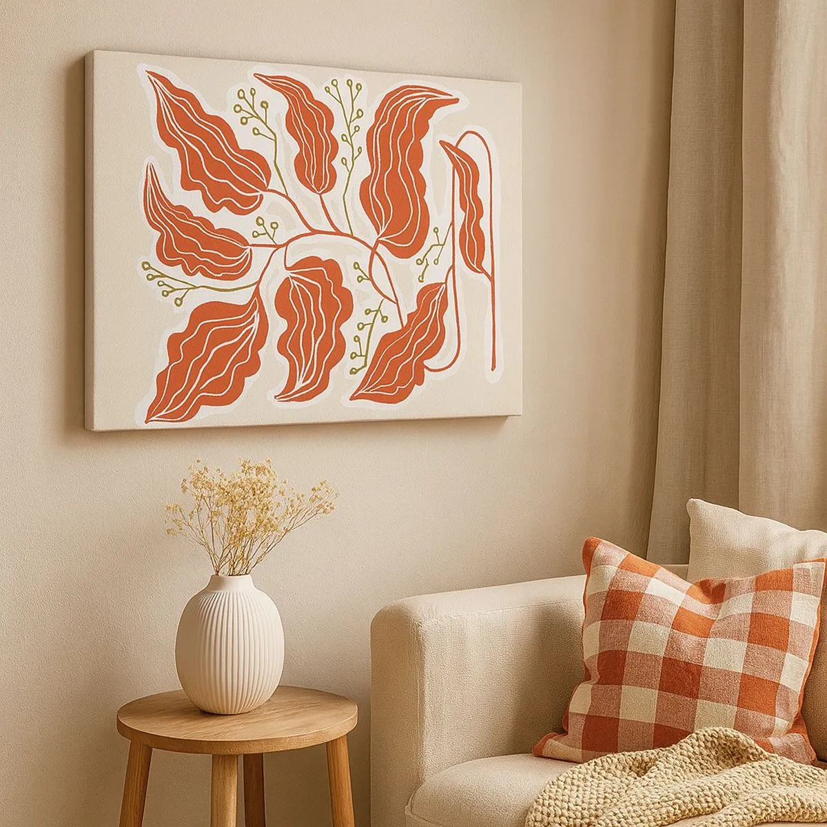 Bild auf Leinwand - Leinwandbild - Ein minimalistisches Blattmotiv in Orange- und Grüntönen. - 70x50cm - Im Folkstil und korallenartig - Moderne Wanddekoration für Wohnzimmer und Schlafzimmer ARTTOR