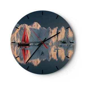 Wanduhr - Glasuhr - Ein Segelboot mit roten Segeln vor dem Hintergrund von Eisbergen - 30x30cm - Am Rande der Welt - Moderne Wanddekoration für Wohnzimmer, Küche und Schlafzimmer ARTTOR