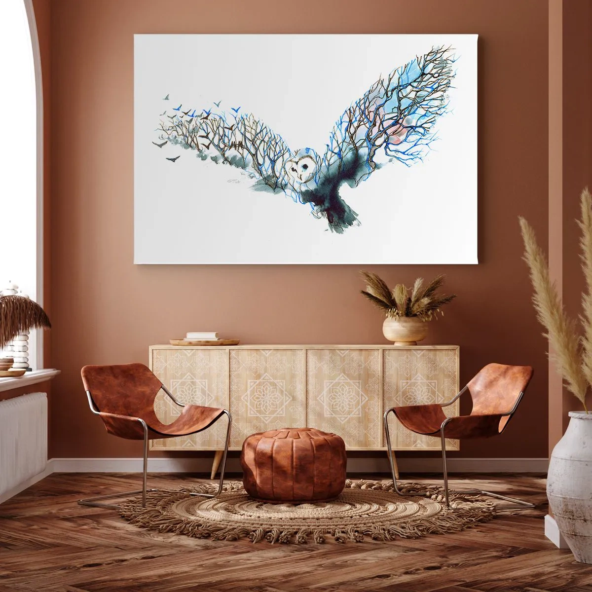 Bild auf Leinwand - Leinwandbild - Künstlerische Grafik einer Eule mit ausgebreiteten Flügeln - 70x50cm - Auf den Flügeln des Waldes - Moderne Wanddekoration für Wohnzimmer und Schlafzimmer ARTTOR