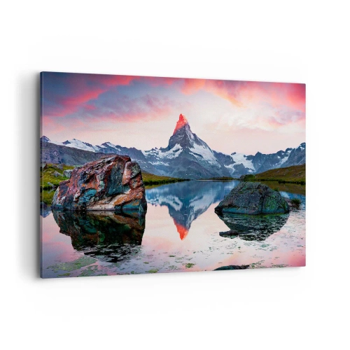 Bild auf Leinwand - Leinwandbild - Ein Berggipfel spiegelt sich bei Sonnenuntergang in einem See - 120x80cm - Das Herz der Berge ist heiß - Moderne Wanddekoration für Wohnzimmer und Schlafzimmer ARTTOR