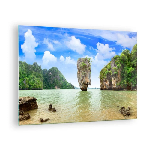 Glasbild - Bild auf glas - Ein Felsen im Wasser, umgeben von tropischen Inseln - 70x50cm - Felsige Wunder der Natur - Moderne Wanddekoration für Wohnzimmer und Schlafzimmer ARTTOR