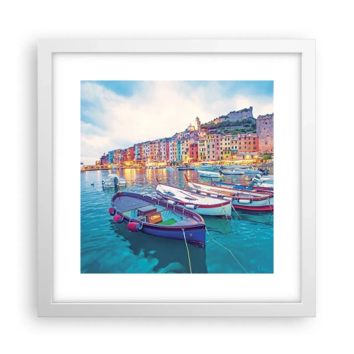 Poster in einem weißen Rahmen - Bunter Abend im Hafen - 30x30 cm