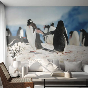 Selbstklebende Fototapete Deluxe Sticker - Tanzen im Schnee - Pinguin, Antarktis, Landschaft - 100x70 cm