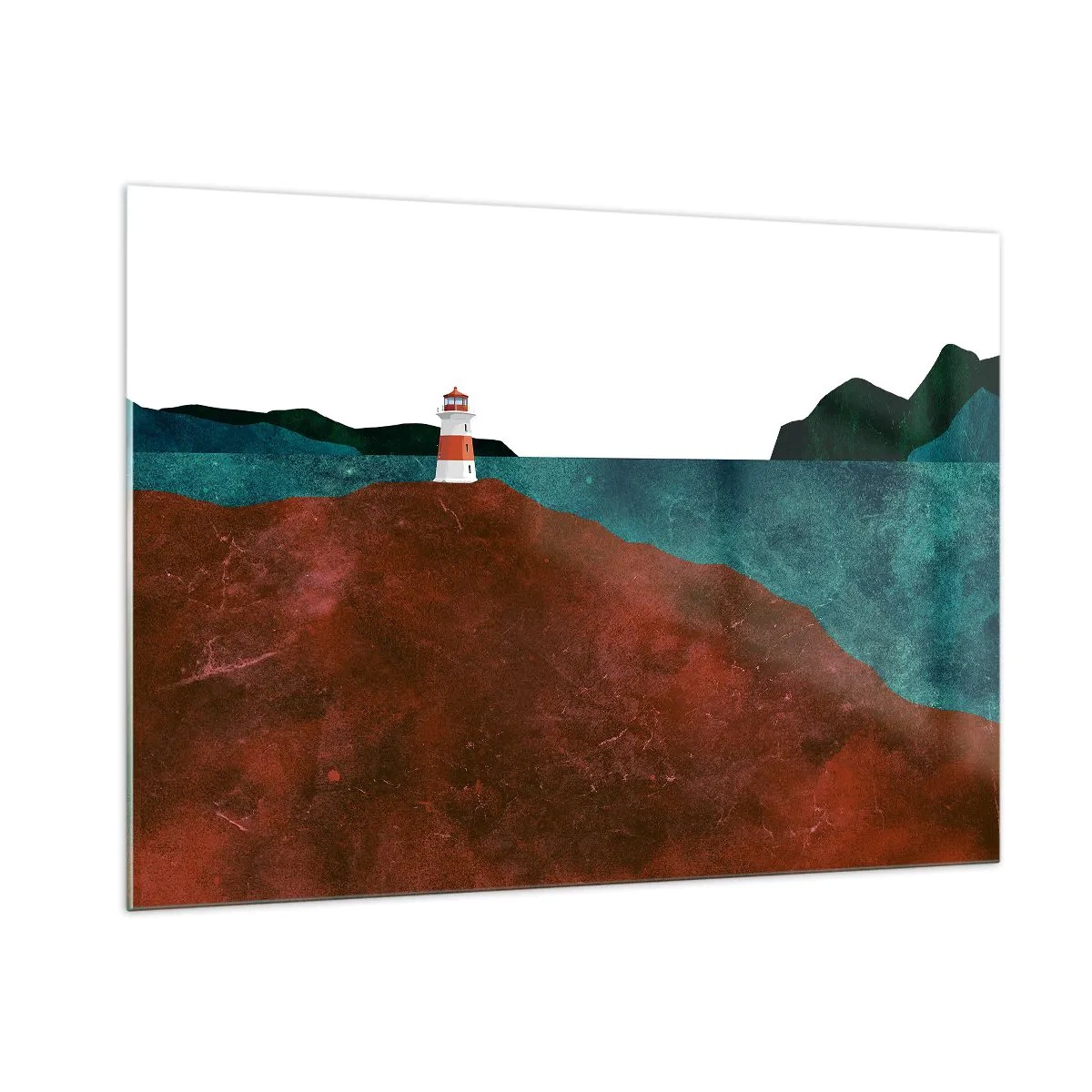 Glasbild - Bild auf glas - Ein Leuchtturm vor der Kulisse eines türkisfarbenen Meeres und roter Klippen - 100x70cm - Aufs Meer starren - Moderne Wanddekoration für Wohnzimmer und Schlafzimmer ARTTOR