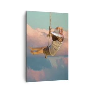 Bild auf Leinwand - Leinwandbild - Frau auf einer Schaukel zwischen rosa Wolken - 80x120cm - Spaß in den Wolken - Moderne Wanddekoration für Wohnzimmer und Schlafzimmer ARTTOR