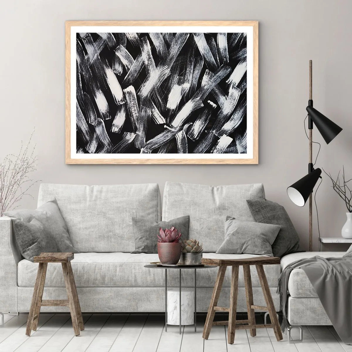 Poster in einem Rahmen aus heller Eiche - Abstraktion im industriellen Geist - 100x70 cm
