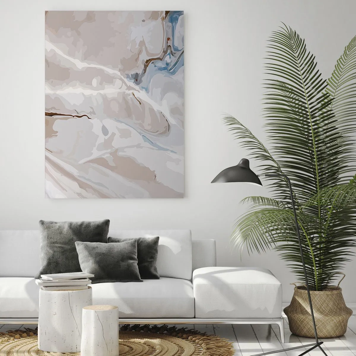 Glasbild - Bild auf glas - Abstraktes Muster in Weiß- und Blautönen - 80x120cm - Blau schlängelt sich unter dem Weiß - Moderne Wanddekoration für Wohnzimmer und Schlafzimmer ARTTOR
