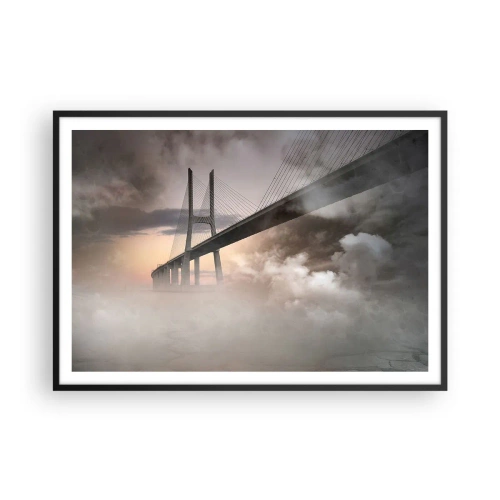 Poster in einem schwarzem Rahmen - Eine Brücke über einen Fluss, umgeben von Nebel am Morgen - 100x70cm - Auf dem Fluss, den es nicht gibt - Moderne Wanddekoration für Wohnzimmer und Schlafzimmer ARTTOR
