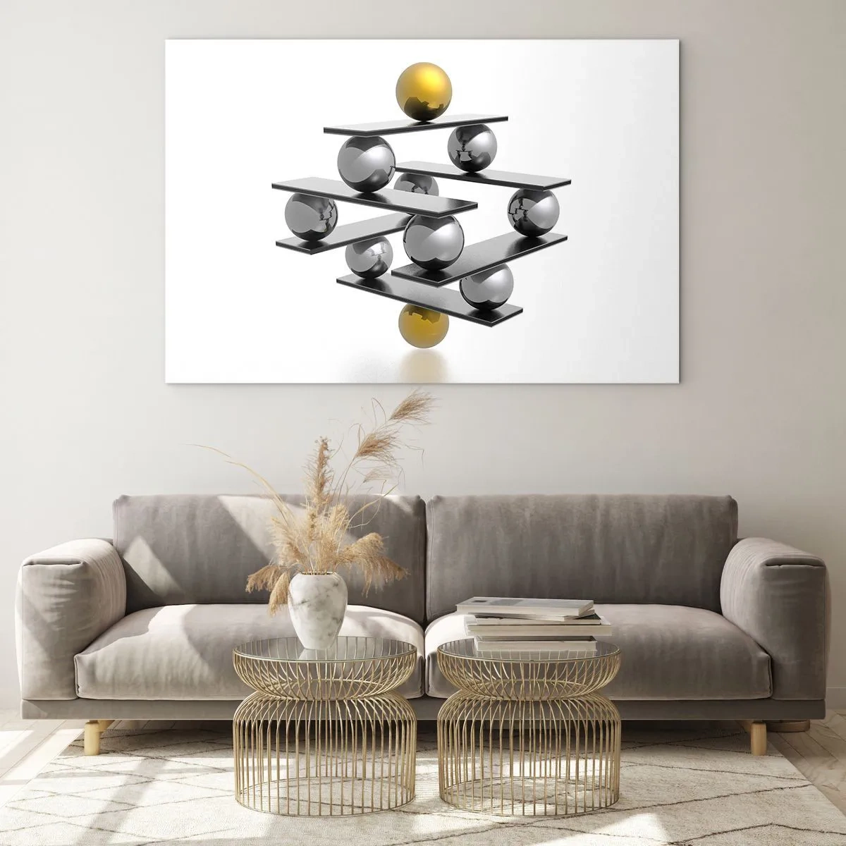 Glasbild - Bild auf glas - Geometrische Komposition mit Kugeln und Plattformen auf weißem Hintergrund - 70x50cm - Gold- und Silberbalance - Moderne Wanddekoration für Wohnzimmer und Schlafzimmer ARTTOR
