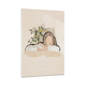 Glasbild - Bild auf glas - Eine Frau lehnt mit ausdruckslosem Gesicht zwischen den Zweigen eines Zitronenbaums an einem Tisch. - 50x70cm - Südländische Schönheit - Moderne Wanddekoration für Wohnzimmer und Schlafzimmer ARTTOR