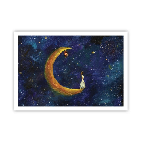 Poster - Ein Mädchen steht auf dem Mond in einem Sternenhimmel - 100x70cm - Der Ruf der Welt - Moderne Wanddekoration für Wohnzimmer und Schlafzimmer ARTTOR