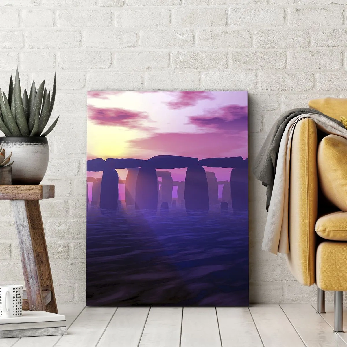 Bild auf Leinwand - Leinwandbild - Steinkreis bei Sonnenuntergang mit violettem Himmel - 50x70cm - Geheimnis im Morgengrauen im Nebel - Moderne Wanddekoration für Wohnzimmer und Schlafzimmer ARTTOR