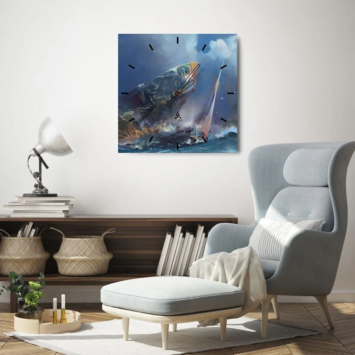 Wanduhr - Glasuhr - Ein Segelboot im Sturm am Fuße eines massiven Felsens - 30x30cm - Wer den Mut hat, gewinnt - Moderne Wanddekoration für Wohnzimmer und Schlafzimmer ARTTOR