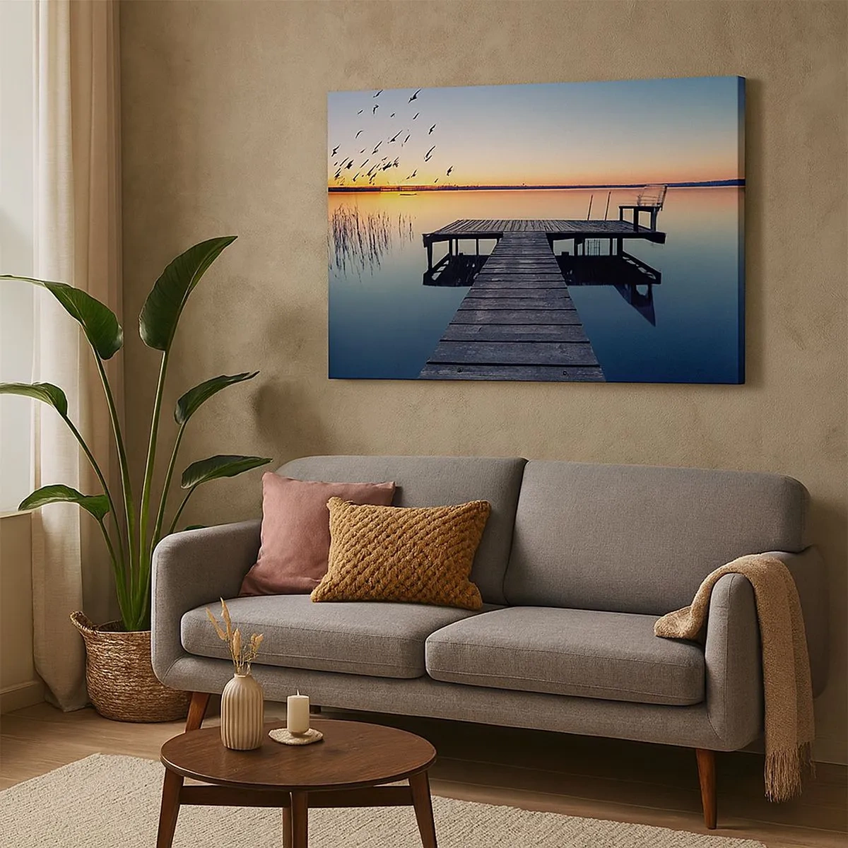 Bild auf Leinwand - Leinwandbild - Holzsteg auf einem See bei Sonnenaufgang mit Vögeln - 70x50cm - Das war ein guter Tag - Moderne Wanddekoration für Wohnzimmer und Schlafzimmer ARTTOR