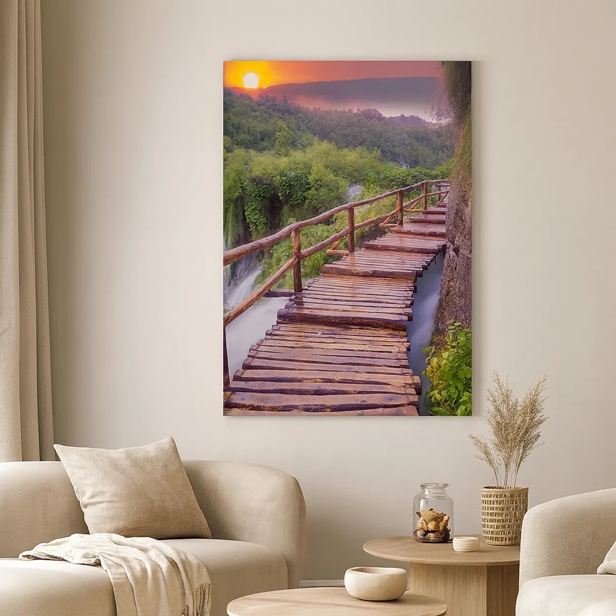 Bild auf Leinwand - Leinwandbild - Eine Brücke mit Blick auf die Wasserfälle bei Sonnenuntergang - 50x70cm - Schönheit jenseits des Glaubens - Moderne Wanddekoration für Wohnzimmer und Schlafzimmer ARTTOR