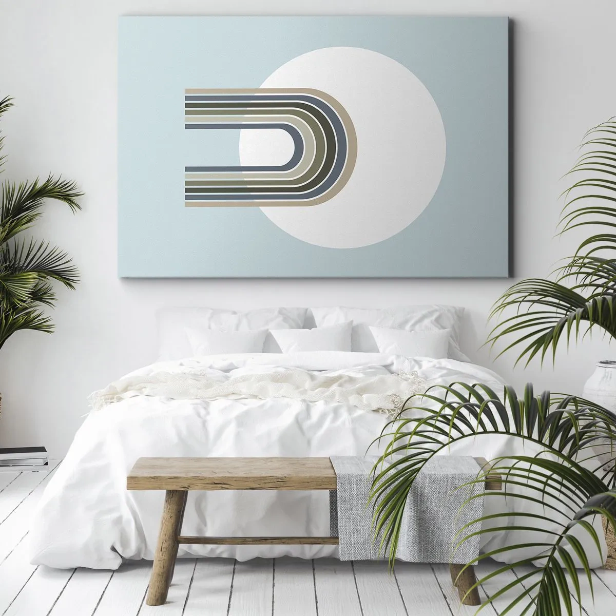 Bild auf Leinwand - Leinwandbild - Eine minimalistische Komposition mit einem Kreis und Linien auf pastellfarbenem Hintergrund. - 120x80cm - Unwiderstehliche Anziehungskraft - Moderne Wanddekoration für Wohnzimmer und Schlafzimmer ARTTOR