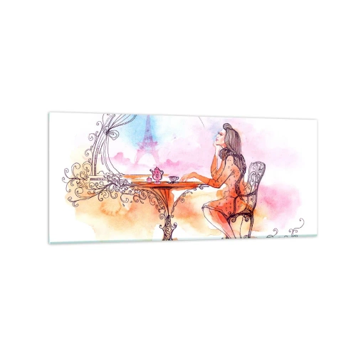 Glasbild - Bild auf glas - Romantisches Aquarell einer Frau in einem Café mit Blick auf einen Turm - 120x50cm - Pariser Chic - Moderne Wanddekoration für Wohnzimmer und Schlafzimmer ARTTOR