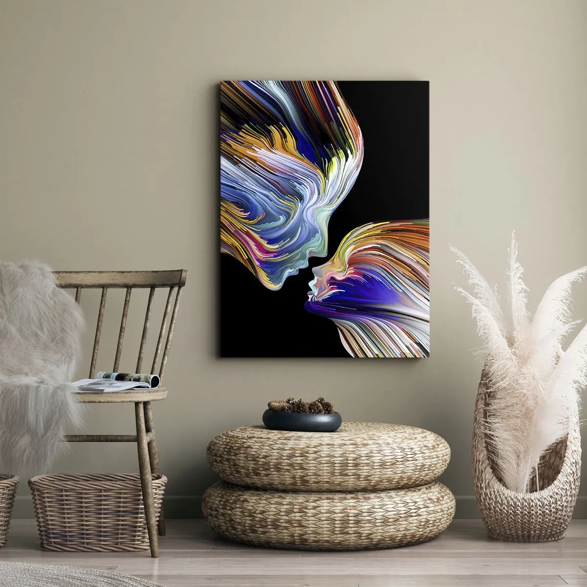 Bild auf Leinwand - Leinwandbild - Bunte Silhouetten von Gesichtern in dynamischen Strömen auf schwarzem Hintergrund - 70x100cm - Eine Verschmelzung von Energie und Licht - Moderne Wanddekoration für Wohnzimmer und Schlafzimmer ARTTOR