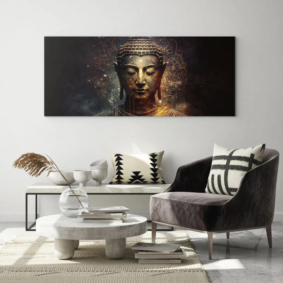 Glasbild - Bild auf glas - Goldener Buddha auf dunklem Hintergrund mit Ornamenten - 160x50cm - Spirituelles Gleichgewicht - Moderne Wanddekoration für Wohnzimmer und Schlafzimmer ARTTOR