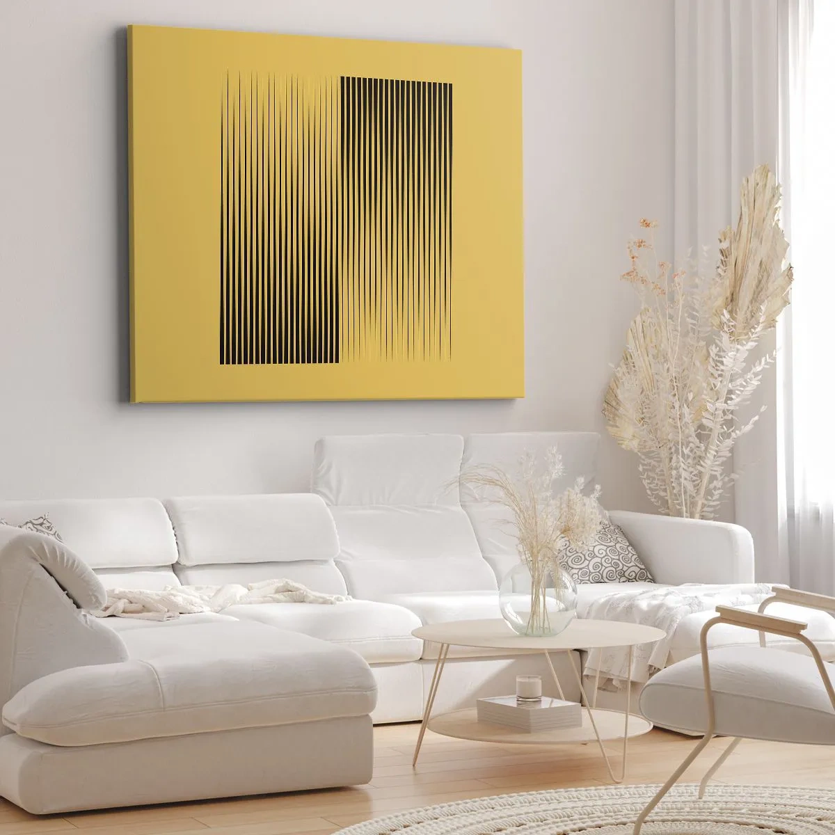 Bild auf Leinwand - Leinwandbild - Vertikale schwarze Linien auf gelbem Hintergrund - 70x50cm - Quadratur der Gegensätze - Moderne Wanddekoration für Wohnzimmer und Schlafzimmer ARTTOR