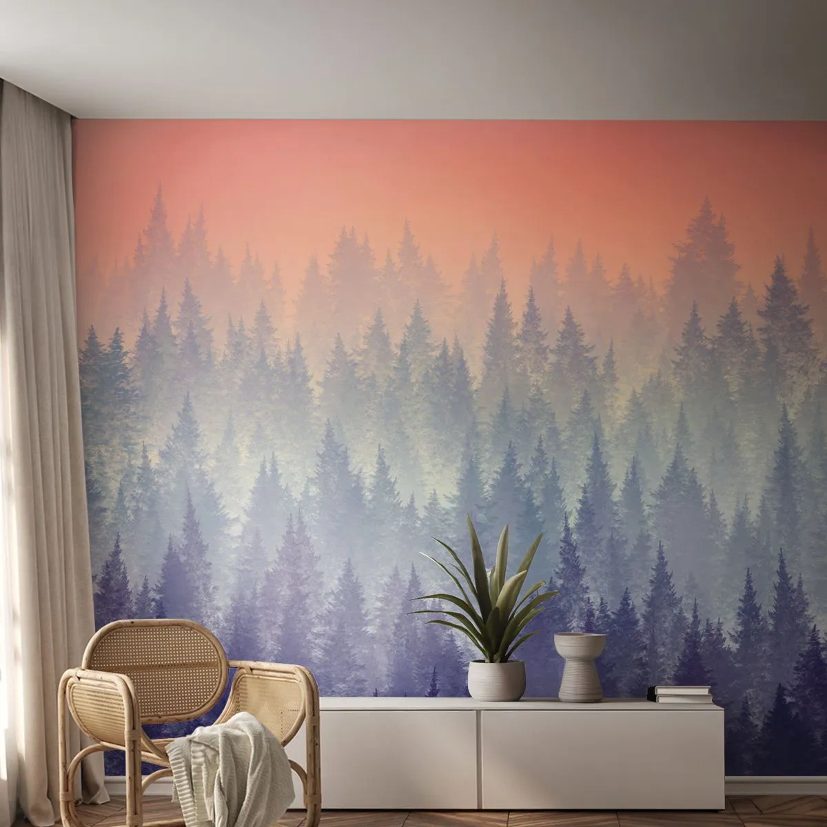 Fototapete Standard Eco - Bergwald im Nebel bei Sonnenuntergang - 100x70cm - Hoch, höher, zum Himmel - Moderne Wanddekoration für Wohnzimmer und Schlafzimmer ARTTOR