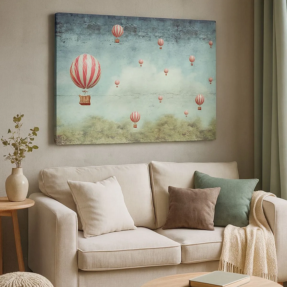 Bild auf Leinwand - Leinwandbild - Retro-Ballons vor blauem Himmel und grünem Hintergrund - 70x50cm - Frei von der Hektik des Lebens - Moderne Wanddekoration für Wohnzimmer und Schlafzimmer ARTTOR