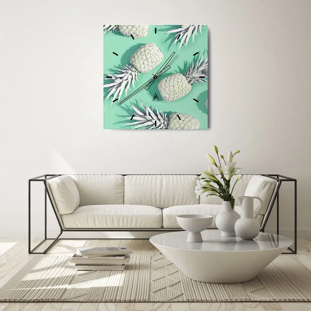 Wanduhr - Glasuhr - Weiße Ananas auf pastellfarbenem Hintergrund im minimalistischen Stil - 30x30cm - Das passt gut zu Minze - Moderne Wanddekoration für Wohnzimmer und Schlafzimmer ARTTOR