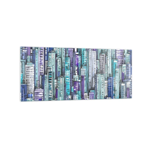 Glasbild - Bild auf glas - Illustration einer Stadt mit geometrischen Gebäuden in Blau- und Lilatönen. - 120x50cm - Bläulich von dem Himmel - Moderne Wanddekoration für Wohnzimmer und Schlafzimmer ARTTOR