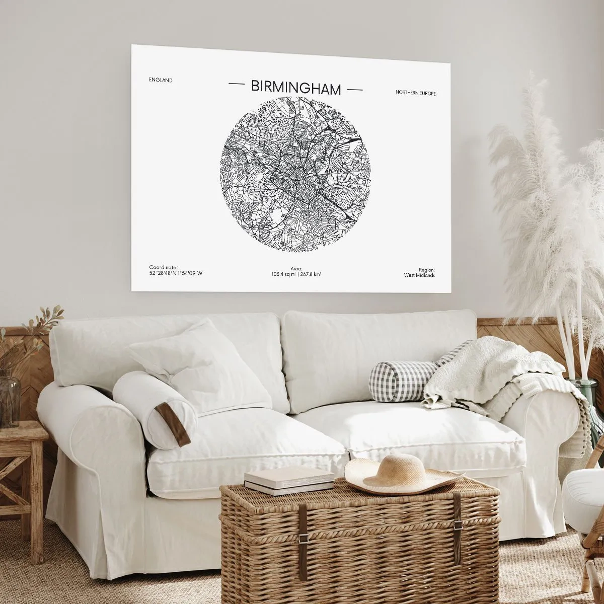 Poster - Eine minimalistische Schwarzweißkarte von Birmingham mit präzisen Details. - 100x70cm - Anatomie von Birmingham - Moderne Wanddekoration für Wohnzimmer und Schlafzimmer ARTTOR