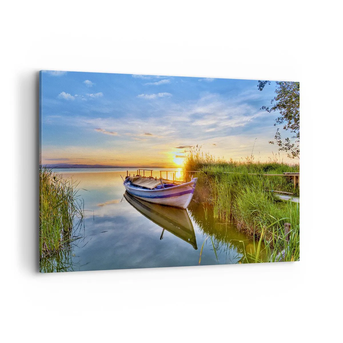 Bild auf Leinwand - Leinwandbild - Ein Boot in einer ruhigen Bucht bei Sonnenuntergang - 100x70cm - Bucht erfüllter Träume - Moderne Wanddekoration für Wohnzimmer und Schlafzimmer ARTTOR