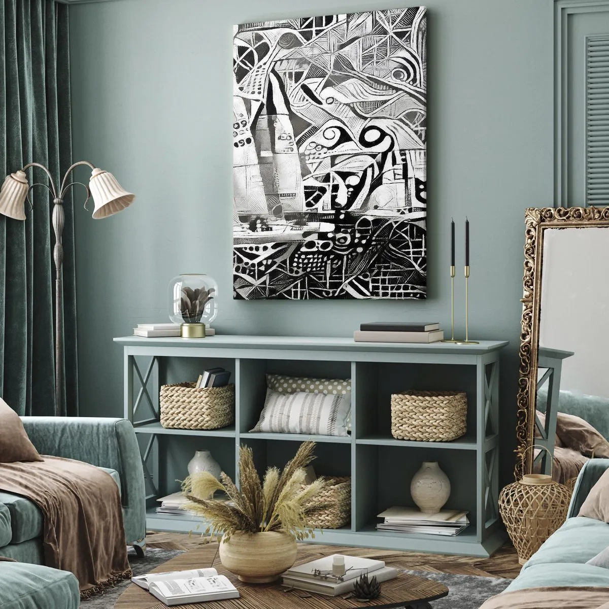 Bild auf Leinwand - Leinwandbild - Abstrakte Segelboote in einer monochromen Komposition - 70x100cm - Zwischen den Wellen - Moderne Wanddekoration für Wohnzimmer und Schlafzimmer ARTTOR