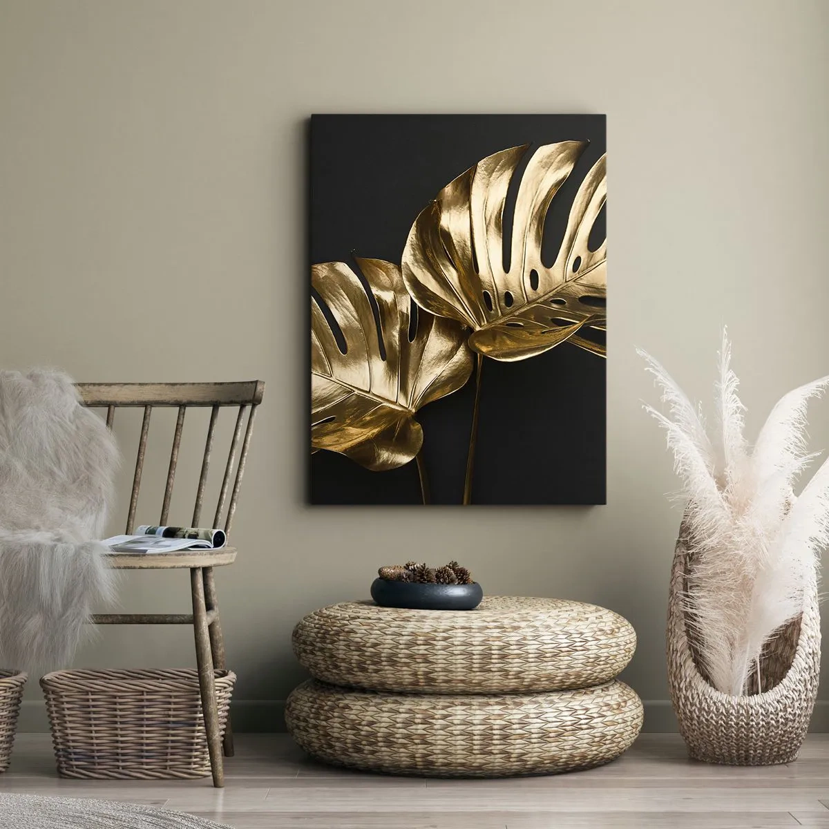 Bild auf Leinwand - Leinwandbild - Goldene Monstera-Blätter auf schwarzem Hintergrund - 50x70cm - Die Schätze der Natur - Moderne Wanddekoration für Wohnzimmer und Schlafzimmer ARTTOR