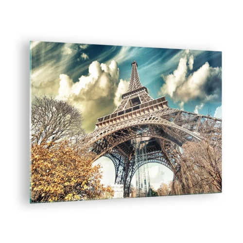 Glasbild - Bild auf glas - Der Eiffelturm in einer Herbstlandschaft vor einem dynamischen Himmel - 70x50cm - Und im Herbst in Paris ... - Moderne Wanddekoration für Wohnzimmer und Schlafzimmer ARTTOR