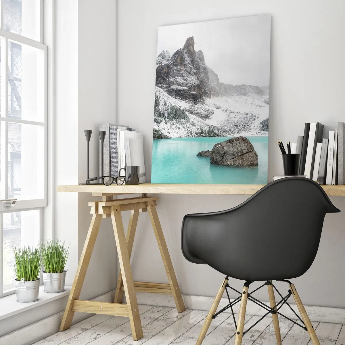 Glasbild - Bild auf glas - Eine Berglandschaft mit einem See, umgeben von schneebedeckten Gipfeln - 80x120cm - Auf der Hut - Moderne Wanddekoration für Wohnzimmer und Schlafzimmer ARTTOR