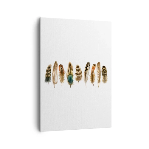 Bild auf Leinwand - Leinwandbild - Dekoratives Motiv einer Sammlung verschiedener Federn - 50x70cm - Eine federleichte Variante - Moderne Wanddekoration für Wohnzimmer und Schlafzimmer ARTTOR