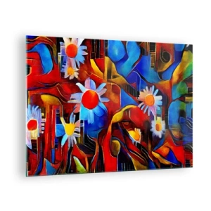 Glasbild - Bild auf glas - Bunte abstrakte Blumen vor einem Hintergrund intensiver Farben - 70x50cm - Die Farben des Lebens - Moderne Wanddekoration für Wohnzimmer und Schlafzimmer ARTTOR