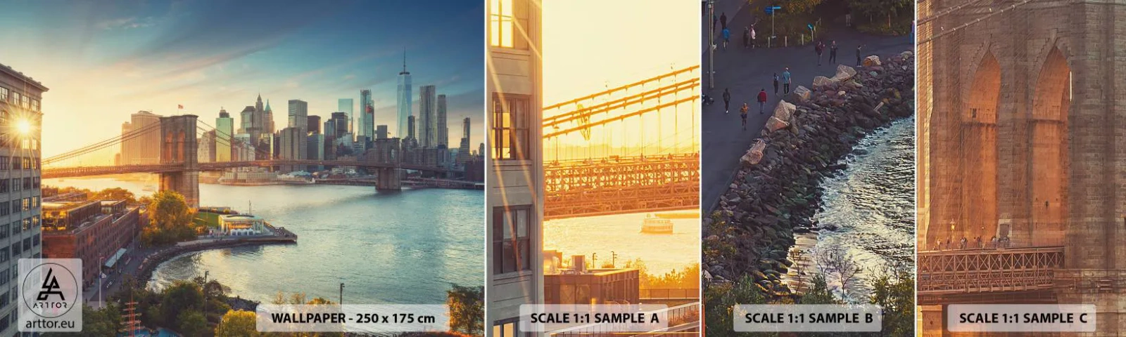 Fototapeten Muster Selbstklebend Deluxe Sticker - Morgendämmerung der Großstadt - New York, Stadt, Brooklyn Brücke - 100x30 cm