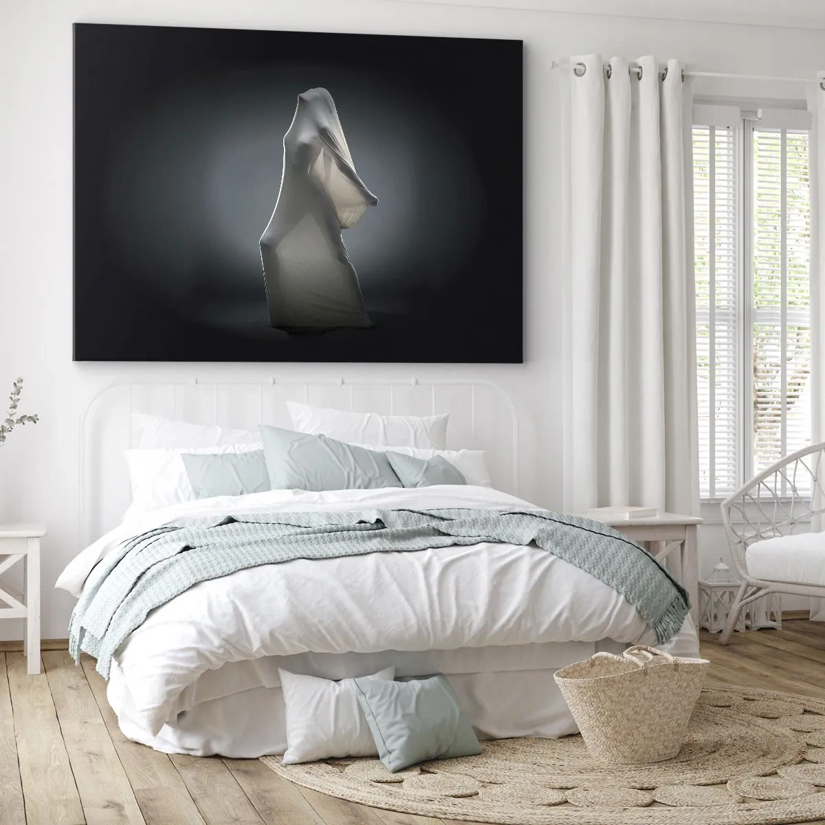 Bild auf Leinwand - Leinwandbild - Eine Figur aus weißem Stoff auf dunklem Hintergrund - 70x50cm - Versteckte Wünsche - Moderne Wanddekoration für Wohnzimmer und Schlafzimmer ARTTOR