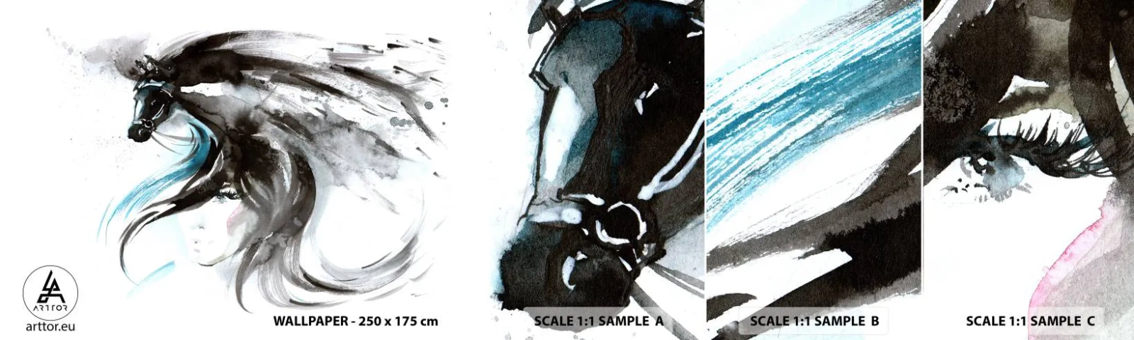 Fototapetenmuster Standard Eco - Schwarzer Prinz Galopp - Tiere, Pferd, Grafik - 100x30 cm