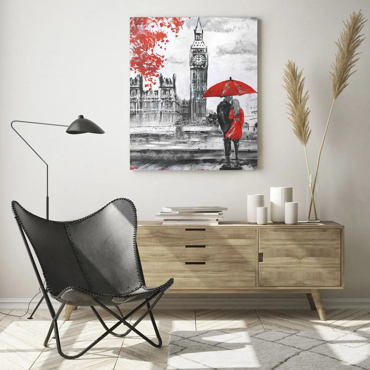 Glasbild - Bild auf glas - Romantische Szene mit Big Ben und einem roten Regenschirm - 70x100cm - Verliebt in London - Moderne Wanddekoration für Wohnzimmer und Schlafzimmer ARTTOR