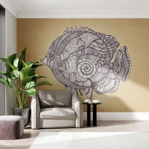 Fototapete Premium Sand - Zierfische auf goldenem Hintergrund im Zentangle-Stil - 100x70cm - Aus dem Ozean der Ornamente - Moderne Wanddekoration für Wohnzimmer und Schlafzimmer ARTTOR