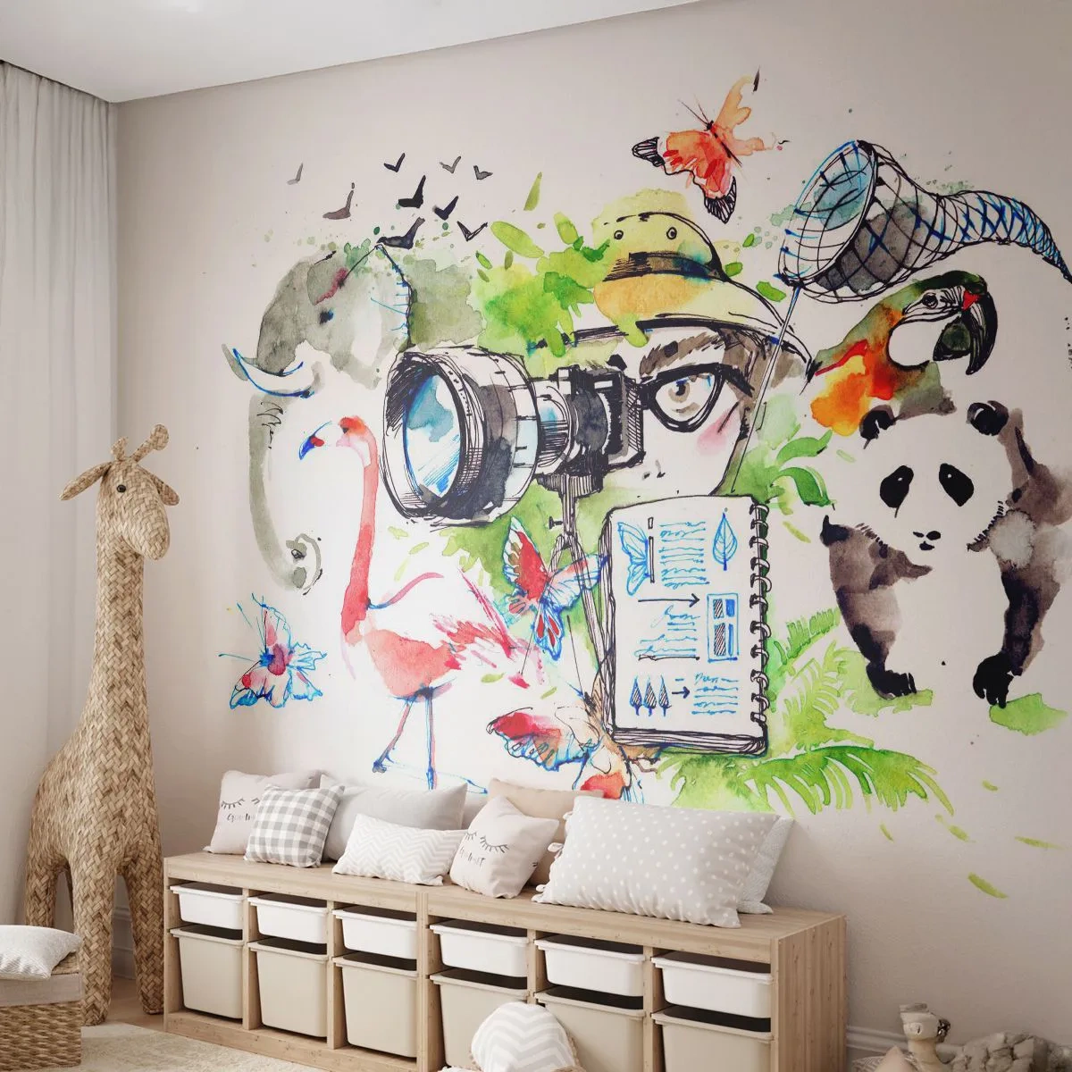 Fototapete Premium Sand - Aquarell-Illustration eines Fotografen in der Wildnis - 100x70cm - In der Linse eines Reisenden - Moderne Wanddekoration für Wohnzimmer und Schlafzimmer ARTTOR